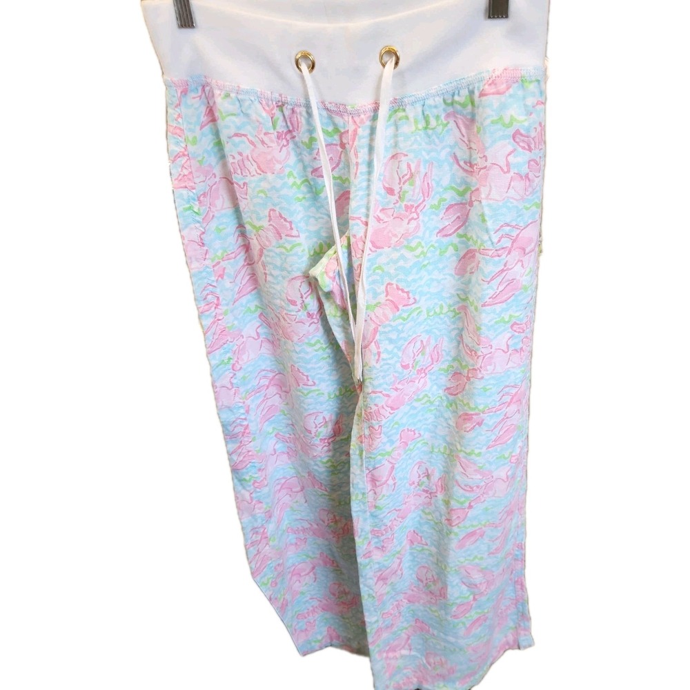 Lilly Pulitzer Womens Linen Beach Pant Sz XS Spa Blue Lobstah Roll Coastal Cozy